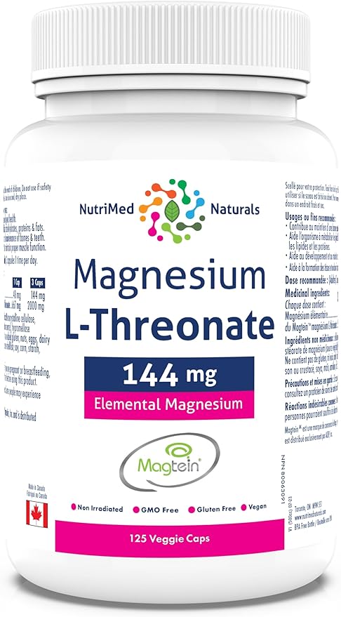 Elemental Magnesium L-Threonate Supplement 144mg 125 Caps - Magtein Magnesium L-Threonate Capsules - Nutrimed Naturals - 3rd Party Tested