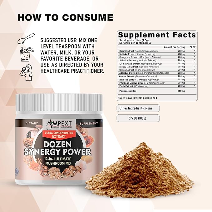 12-in-1 Dozen Synergy Power: Premium Complex of 12 Carefully Selected Fruiting Body Mushroom Extracts, Supporting Immunity, Cognitive & Cardiovascular Functions