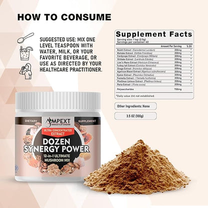 12-in-1 Dozen Synergy Power: Premium Complex of 12 Carefully Selected Fruiting Body Mushroom Extracts, Supporting Immunity, Cognitive & Cardiovascular Functions