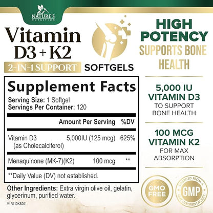 Vitamin D3 K2, 5000 IU Vitamin D3 & 100 mcg Vitamin K2 MK-7 Supplement Supports Immune Health, Bone, Heart & Calcium Absorption - Extra Virgin Olive Oil Softgel, Vitamins D & K Complex - 120 Softgels