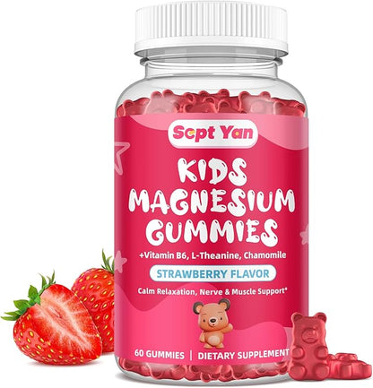 Magnesium Gummies for Kids - Magnesium Citrate Supplement with Vitamin B6, L-theanine, Chamomile & Lemon Balm - Calm Magnesium for Kids & Adults Sleep, Relaxation, Strawberry Flavor 60 Gummies