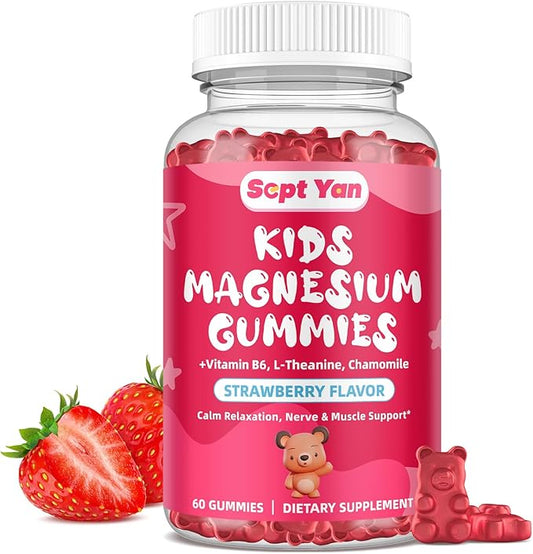 Magnesium Gummies for Kids - Magnesium Citrate Supplement with Vitamin B6, L-theanine, Chamomile & Lemon Balm - Calm Magnesium for Kids & Adults Sleep, Relaxation, Strawberry Flavor 60 Gummies