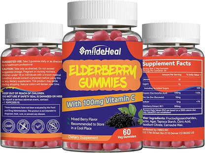 Elderberry Gummies, Elderberry Extract 300mg, with Vitamin C and Zinc, Strawberry Flavor Gummies, Non-GMOs, Gluten Free, Vegan-Friendly, Immune Support, 60 Count