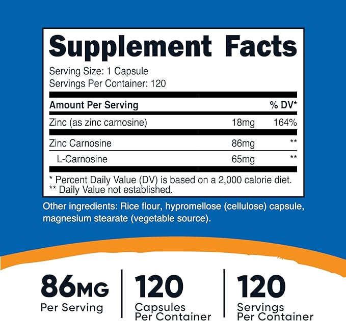 Nutricost Zinc Carnosine 86mg, 120 Capsules - Non-GMO, Gluten Free, Zinc L-Carnosine Supplement