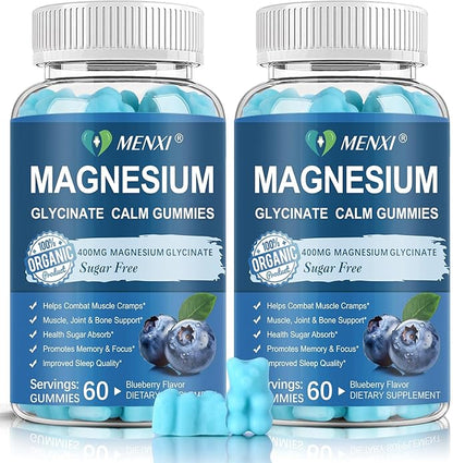 Magnesium Gummies 600mg per Serving-Magnesium Glycinate 400mg and Magnesium Malate 200mg,Sugar Free Magnesium Potassium Supplement for Calm Mood, Muscle, Bone & Energy Support,120 Blueberry Gummies
