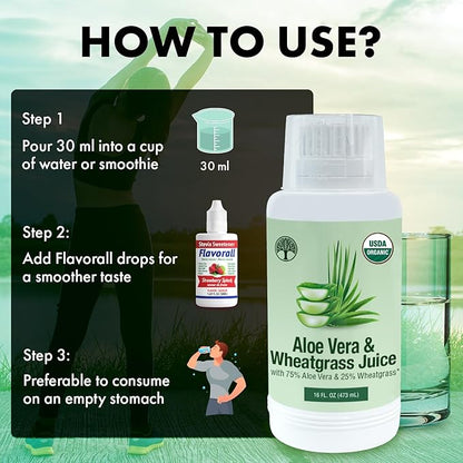 Aloe Vera & Wheatgrass Juice with Flavorall: USDA Certified Aloe Juice Shots - 30-Day Supply for Gut Detox, Immunity & Clear Skin, 75%-25% Highly Potent Concentration (Strawberry)