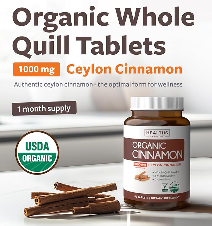 USDA Organic Ceylon Cinnamon (60 Tablets) 1000mg Cinnamon Quill Powder per Serving - Natural Cinnamon Supplements for Effective Metabolism, Cognative, Joint, Immune Support - (No Capsules or Pills)