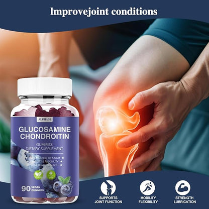 Glucosamine Chondroitin Gummies - 3000MG Extra Strength Joint Support Supplement with MSM & Elderberry, Flexibility, Antioxidant Immune Support Gummy for Adults, Men & Women 90 Blueberry Gummies