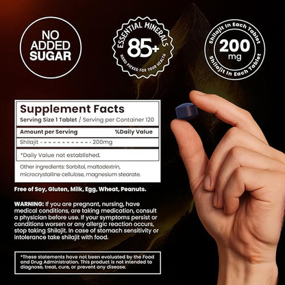 Shilajit Tablets for Men - Gold Grade - No Added Sugar - 120 Dry Drops - Organic - Lab Tested