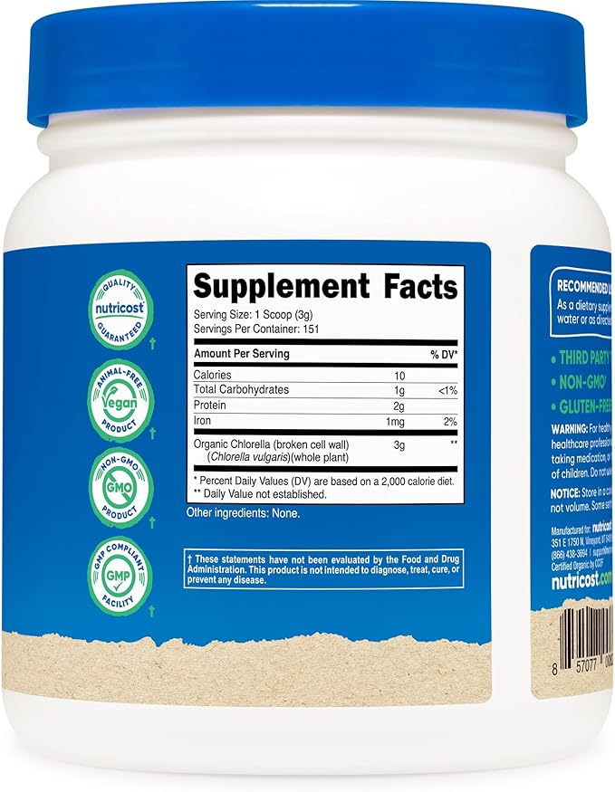 Nutricost Organic Chlorella Powder 16oz (1LB) - 3g Per Serving