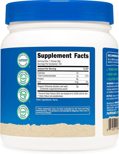 Nutricost Organic Chlorella Powder 16oz (1LB) - 3g Per Serving