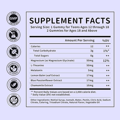 Sleep Gummies with 5mg Melatonin & 50mg Magnesium, L-Theanine, Lemon Balm, Blue Passionflower, Chamomile, Sleep Support, Help for Relaxation, Vegan, Grape Flavor, 90 Count