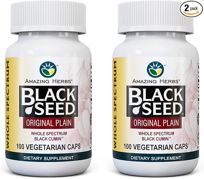 Amazing Herbs Whole Spectrum Black Seed Original Plain, Vegetarian Capsules - Gluten Free, Non GMO, Cold Pressed Nigella Sativa Aids in Digestive Health - 100 Count, 475mg (2-Pack)