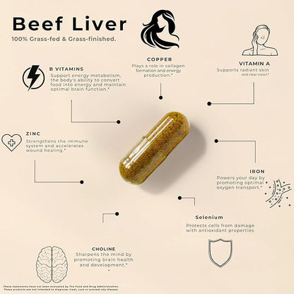 Grass Fed Beef Liver Capsules | Dessicated Liver Supplement | Freeze Dried Liver Pills | 30 Servings | 3000 mg | 120 Count
