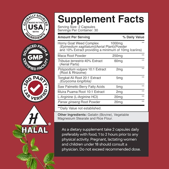 Horny Goat Weed for Men Enhancement - Extra Strength Male Enhancing Supplement with Black Maca Root, Tongkat Ali, Saw Palmetto & Panax Ginseng Extract for Stamina & Energy - 60 Capsules