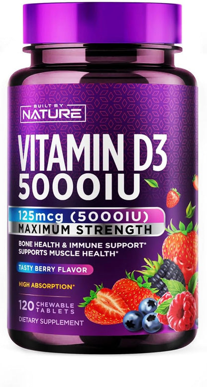 Built by Nature Chewable Vitamin D3 5000 IU - Vitamin D Supplement Chews – Sugar Free & Natural Berry Flavor - 120 Tablets