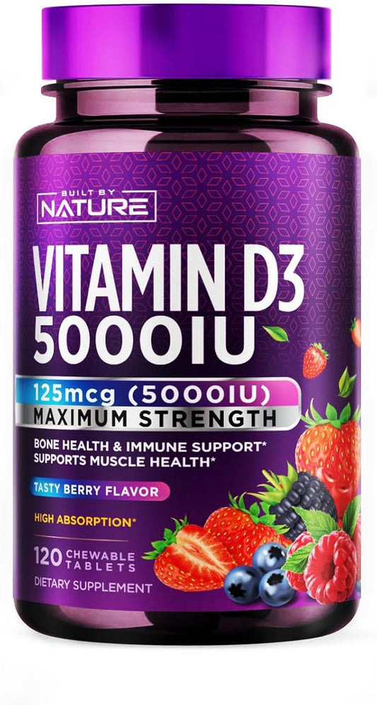 Built by Nature Chewable Vitamin D3 5000 IU - Vitamin D Supplement Chews – Sugar Free & Natural Berry Flavor - 120 Tablets