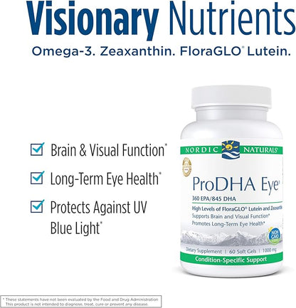 Nordic Naturals ProDHA Eye - Fish Oil, 360 mg EPA, 845 mg DHA, 20 mg FloraGLO Lutein, 4 mg Zeaxanthin, Support for Neurological Function and Long-Term Eye Health*, 60 Soft Gels