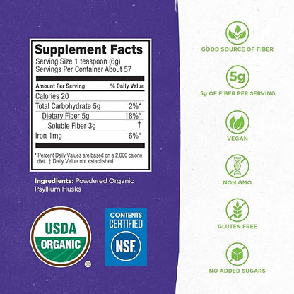 Konsyl Organic Psyllium Husk Powder, 5g of Plant Based Soluble Fiber per Serving – USDA Organic, Non-GMO, Gluten Free, Sugar Free, Vegan, 12 Ounce (Pack of 1)