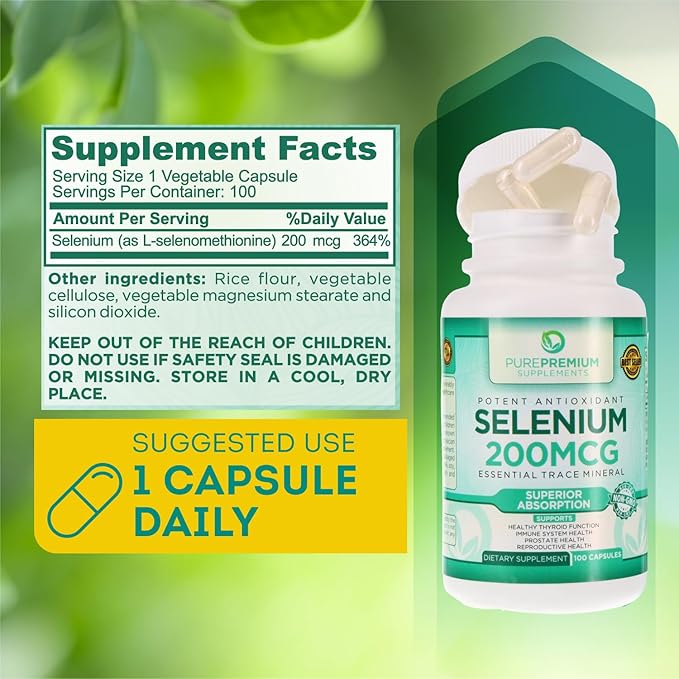 PurePremium Selenium 200mcg Supplement - L Selenomethionine Essential Mineral - Daily Support for Normal Thyroid, Immune System and Normal Prostate Function - 3 Months Supply - 100 Capsules