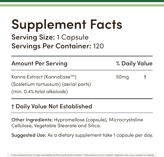 Kanna Extract Supplement (Sceletium Tortuosum) - 50mg Per Capsules, 120 Count - for Relaxation and Peace of Mind (Min .4% Total Alkaloids) Non-GMO, Gluten Free, Vegan Safe by Double Wood