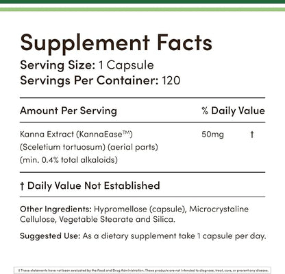 Kanna Extract Supplement (Sceletium Tortuosum) - 50mg Per Capsules, 120 Count - for Relaxation and Peace of Mind (Min .4% Total Alkaloids) Non-GMO, Gluten Free, Vegan Safe by Double Wood