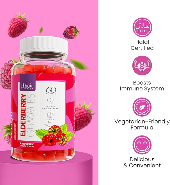 Khair Halal Elderberry Gummies - Super Antioxidants Supplement, Boosts Immunity & Fights Seasonal Allergies - Non GMO, Vegetarian, Gluten Free, Gelatin Free & Halal Vitamins - 60 Gummies