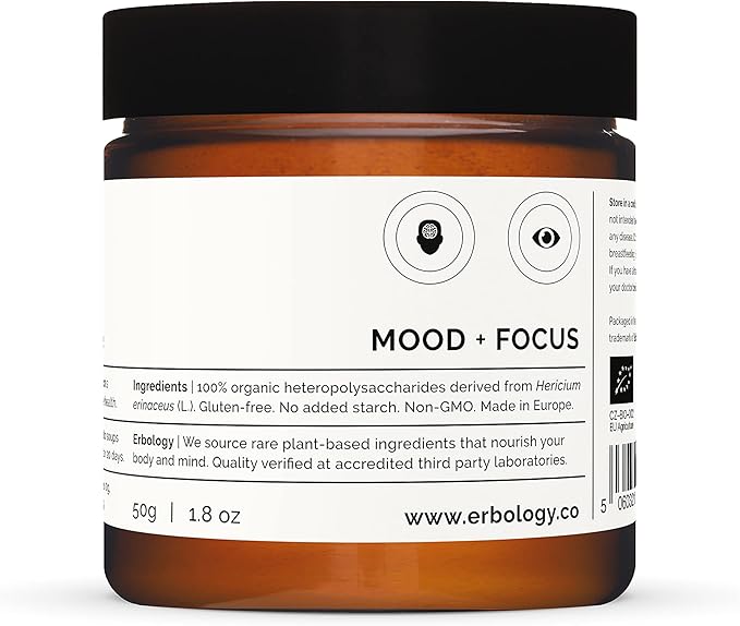 Erbology Organic Lion's Mane Mushroom Powder 50 Servings - 32% Beta-glucans - Calm and Focus - Hericium Erinaceus - Small Batch - Sustainably Grown in Europe - Vegan - Non-GMO - No Added Fillers