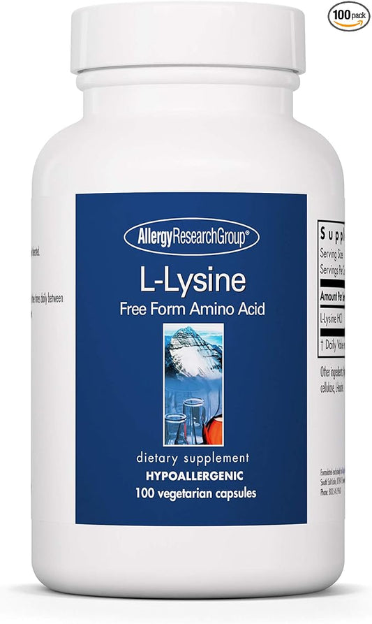 Allergy Research Group L-Lysine - Immune Support, L-Lysine HCI, Free Form Amino Acid, 500mg Supplement, Pure, Organic, Vegetarian Capsules - 100 Count