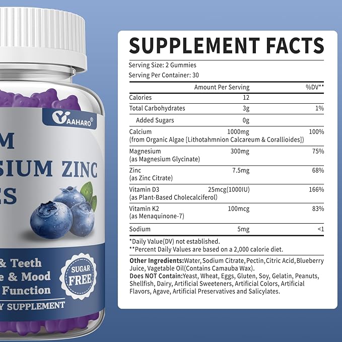 Calcium Magnesium Zinc Gummies with Vitamin D3 & K2 - Sugar Free Calcium Gummies for Women and Men - Bone & Immune Support - Non-GMO, Gluten-Free, Blueberry Flavored - 60 Gummies
