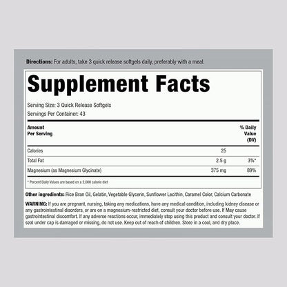Piping Rock Magnesium Glycinate | 375mg | 130 Count | Premium & High Absorption | Quick Release Softgels | Non-GMO & Gluten Free Formula