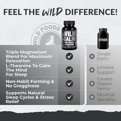 Wild Foods Tri-Mag & L-Theanine – Triple Magnesium Complex for Sleep w/L Theanine – Magnesium Glycinate, Malate, Taurate – 100% Natural – 60 Capsules