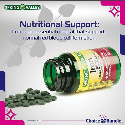 Spring Valley Iron Tablets Dietary Supplement Value Size 65 mg 200 CT 4 Pk Choice Bundle (800 Total) + Vitamin Vitality Guide & Pill Container (6 Items)!
