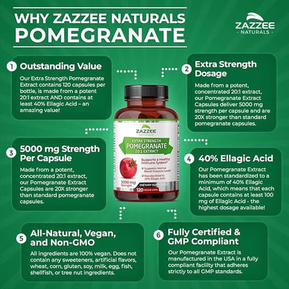 Zazzee Extra Strength Pomegranate 20:1 Extract, 5000 mg Strength, 40% Ellagic Acid, 120 Vegan Capsules, 4 Month Supply, Standardized, Concentrated 20X Extract, 100% Vegetarian, All-Natural and Non-GMO