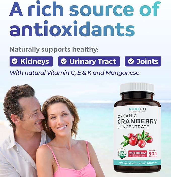 Organic Cranberry Pills - 50:1 Concentrate Equals 25,000mg of Fresh Cranberries (Vegan) for Urinary Tract Health & Kidney Cleanse - Cranberry Pills for Women - UTI Support Supplement - 60 Capsules