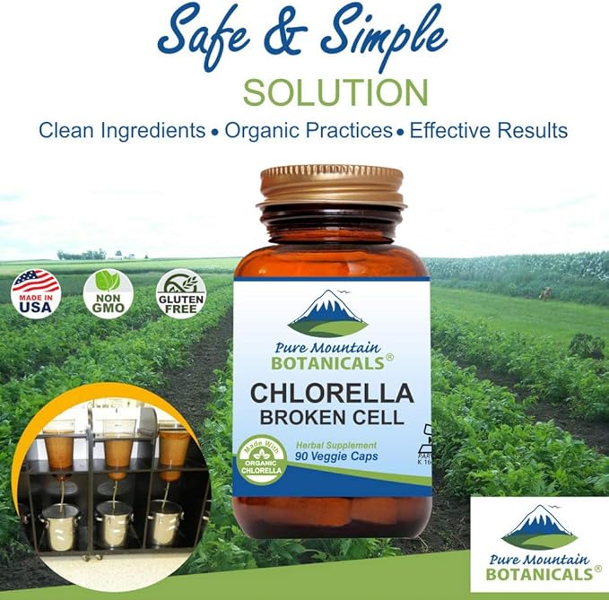 Pure Mountain Botanicals Broken Cell Wall Chlorella Capsules - 90 Kosher Vegan Caps Now with 500mg Organic Chlorella Powder