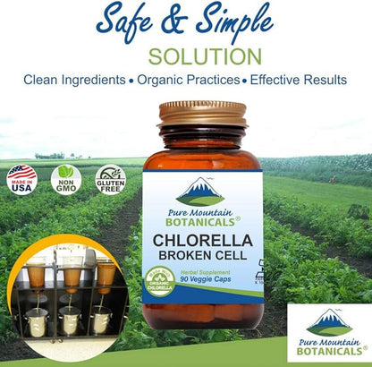 Pure Mountain Botanicals Broken Cell Wall Chlorella Capsules - 90 Kosher Vegan Caps Now with 500mg Organic Chlorella Powder