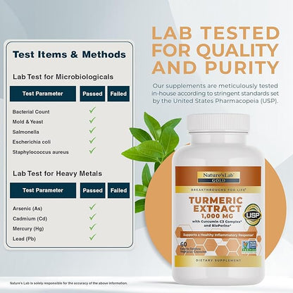 Nature's Lab Turmeric Extract with Curcumin C3 & BioPerine 1000mg - Promotes Cardiovascular, Digestion and Immune Health - 60 Capsules (30 Day Supply)