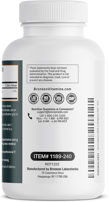 Bronson Magnesium 500 MG Supports Bone & Muscle Health & Nervous System Support - Non-GMO, 240 Vegetarian Tablets