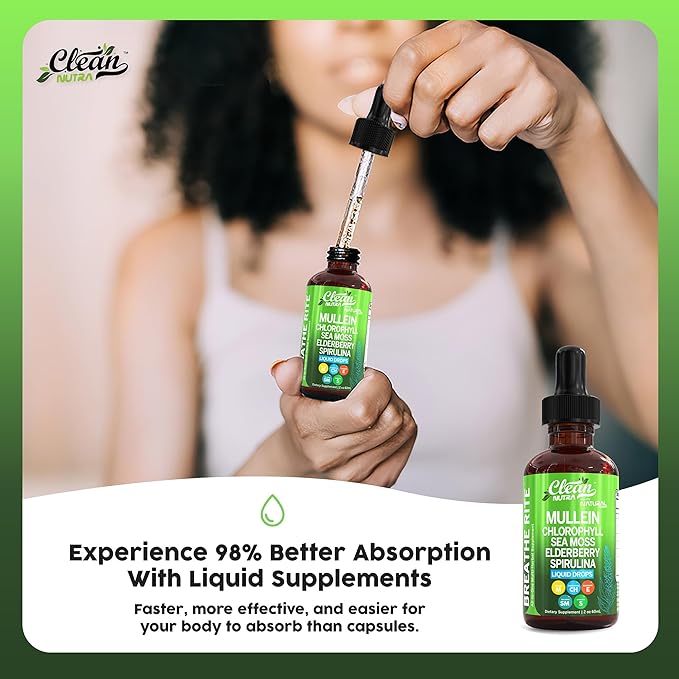 Clean Nutra Mullein Drops for Lungs Organic Chlorophyll Liquid Irish Sea Moss, Spirulina, Licorice, Tart Cherry Lobelia, Motherwort & Elderberry Mullein Leaf Extract Tincture Men Women Supplement