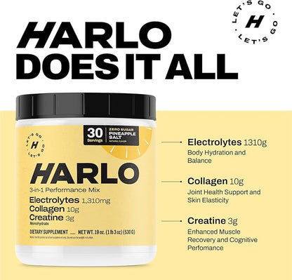 Harlo - Raspberry Salt Electrolyte Drink Mix with Bovine Collagen & Creatine- Creatine Monohydrate Powder - Energy Drink Powder - Pre Workout Powder - Sugar Free Energy Drinks - Post Workout Recovery