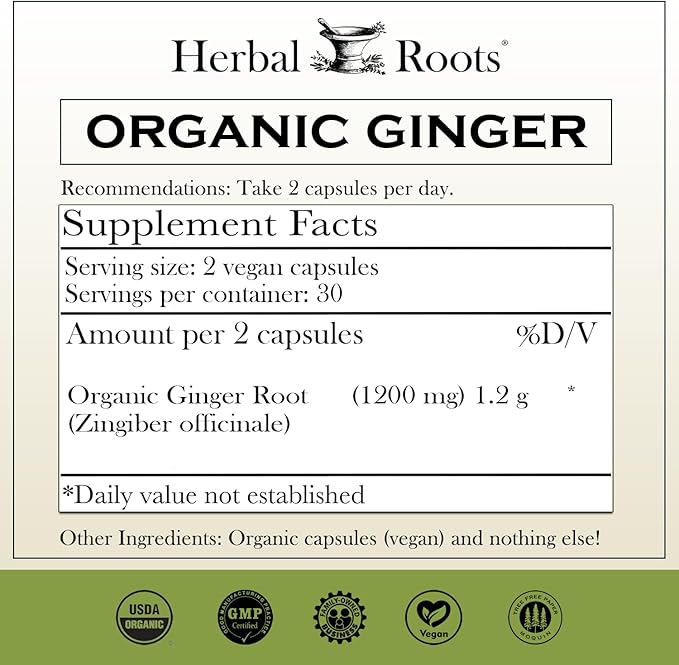 Herbal Roots Ginger Supplement | Organic Ginger Root Capsules | 1,200 mg of Pure Ginger Powder per Serving | 60 Vegan Capsules