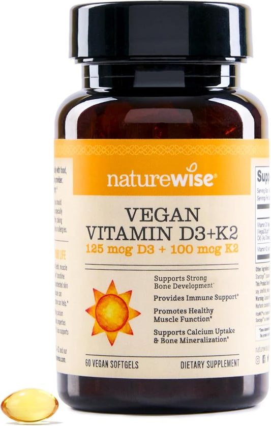 NatureWise Vegan Vitamin D3 + K2 - Organic D3 5000IU + Clinically Proven Vitamin K2 100mcg - Bone Support - High Absorption with Organic Cold-Pressed Olive Oil - Non-GMO - 60 Softgels[2-Month Supply]