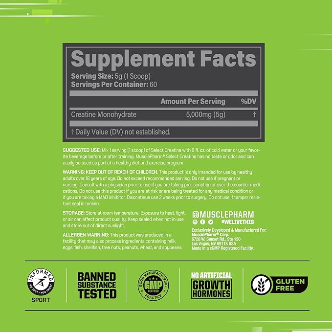 MusclePharm Essentials Creatine Monohydrate Powder, Pre Workout Muscle Builder & Post Workout Muscle Recovery Supplement, Ultra-Pure 100% Monohydrate Creatine Powder, 60 Servings, Unflavored