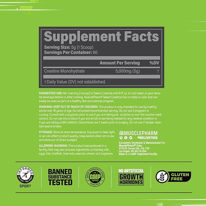 MusclePharm Essentials Creatine Monohydrate Powder, Pre Workout Muscle Builder & Post Workout Muscle Recovery Supplement, Ultra-Pure 100% Monohydrate Creatine Powder, 60 Servings, Unflavored