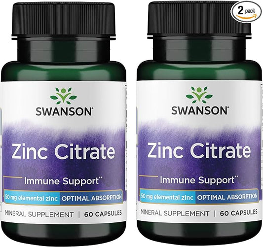 Swanson Zinc Citrate - Mineral Supplement Promoting Healthy Vision & Immune System Health - Natural Formula Supporting Overall Wellness - (60 Capsules, 50mg Each) (2 Pack)