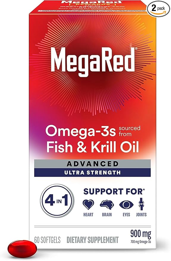 MegaRed Advanced 4in1 900mg, 120 softgels Value Pack (2 Bottles x 60 Each) - Concentrated Omega-3 Fish & Krill Oil Supplement