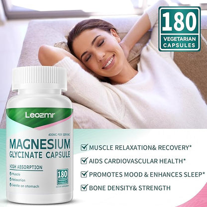 Magnesium Glycinate 400 MG per Serving 100% Chelated for High Absorption, Gentle On Stomach, Non-GMO, 180 Vegetarian Capsules