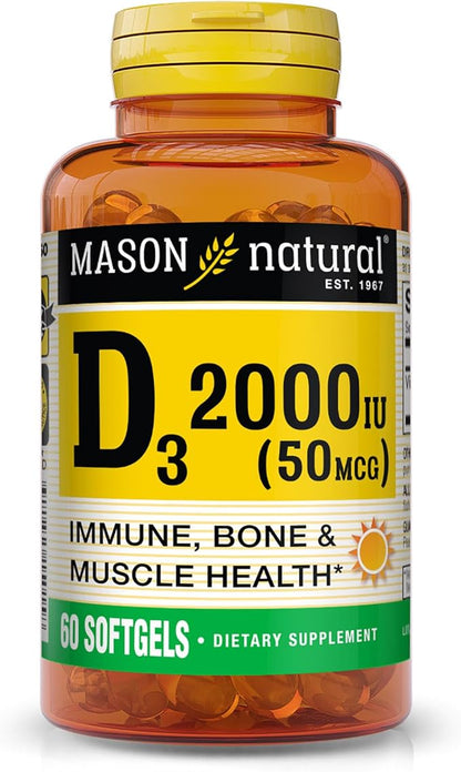 MASON NATURAL Vitamin D3 2,000 IU Ultra Strength, Supports Bone Density, Strength & Immune Health, 60 Softgels