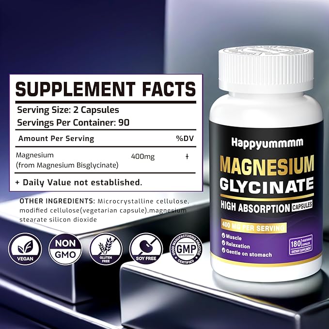 Magnesium Glycinate 400 MG per Serving 100% Chelated for High Absorption, Gentle On Stomach, Non-GMO, 180 Vegetarian Capsules